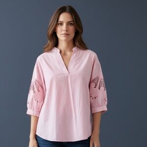 JOH. Ladies pink XS eyelet sleeves v neck button down the back designer blouse.